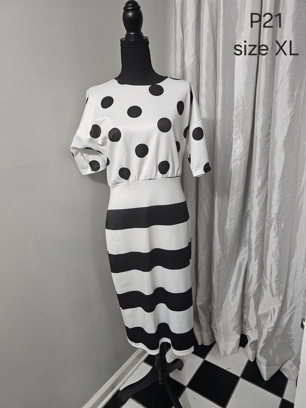 Black & White Polka Dot and Stripe Midi Dress - Size XL